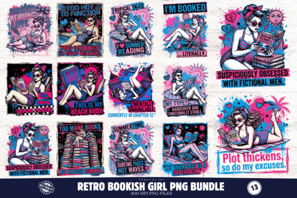 Download Retro Bookish Girl PNG Illustrations - Illustration Collection