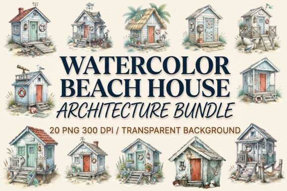 Download Watercolor Beach House Clipart Bundle - Beach Collection