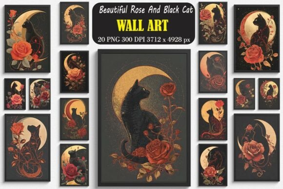 Download Beautiful Rose and Black Cat Wall Arts Bundle - Wall art Collection
