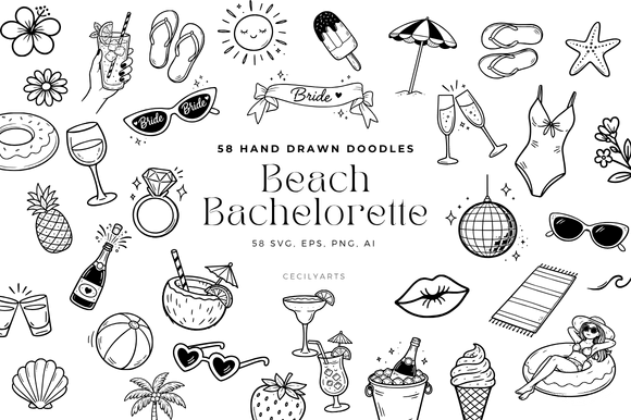 Download Beach Bachelorette Doodle Clipart Set - Beach Collection