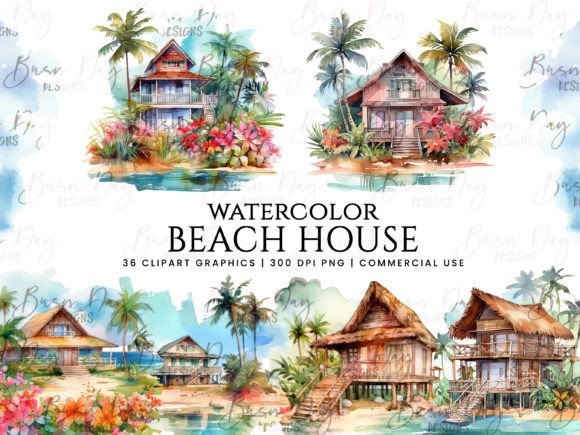 Download Watercolor Beach House Clipart Bundle - Beach Collection
